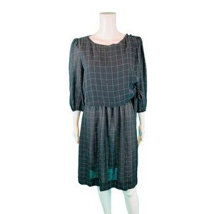 Vintage 80s Sheer Dress Womens Medium Black Windowpane Waist Tie